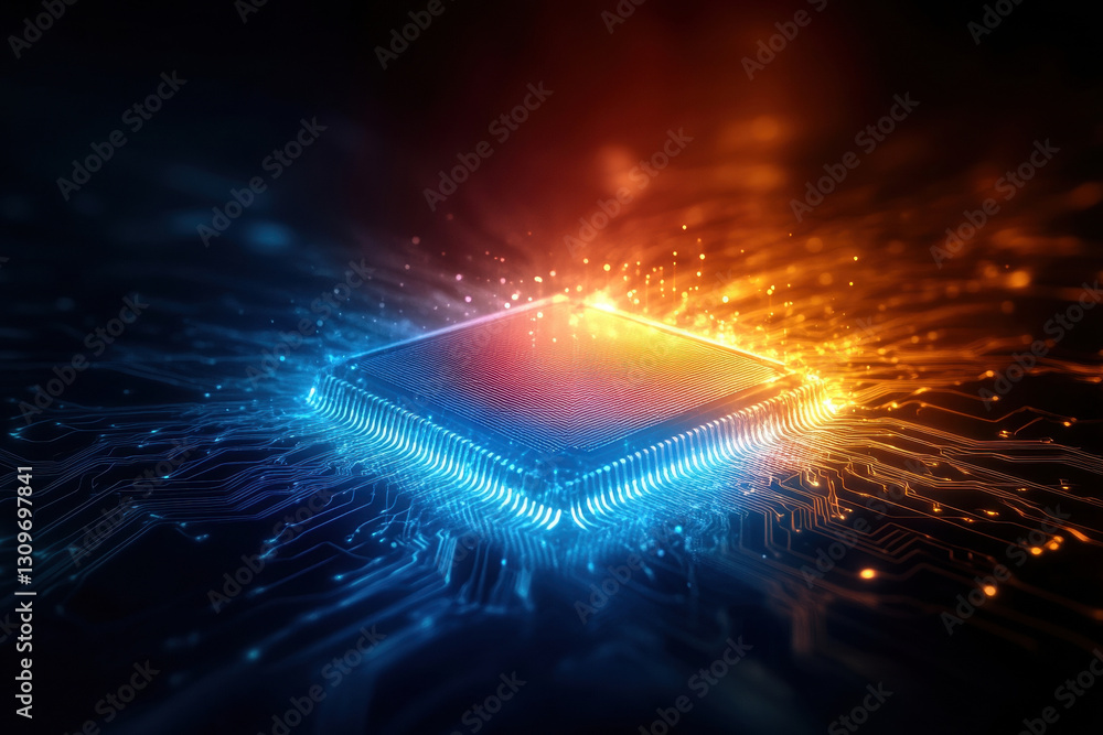 Poster abstract glowing circuit board with vibrant blue and orange colors, showcasing central processing un