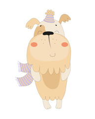 Cheerful Dog in Hat and Scarf