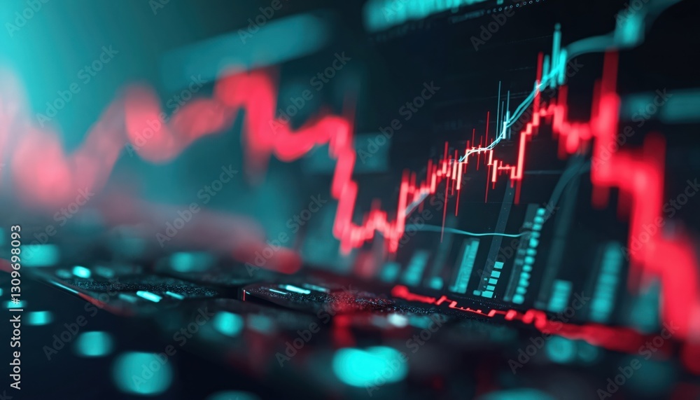 Poster close-up shot of stock market chart with upward and downward trends. red and blue lines over keyboar