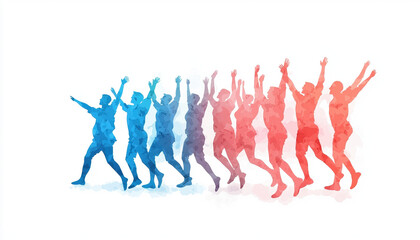 Dynamic silhouettes of people dancing in vibrant colors, showcasing movement and joy. artwork features gradient from blue to red, creating energetic atmosphere