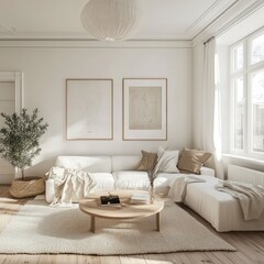 A bright and modern living room with neutral decor and plants