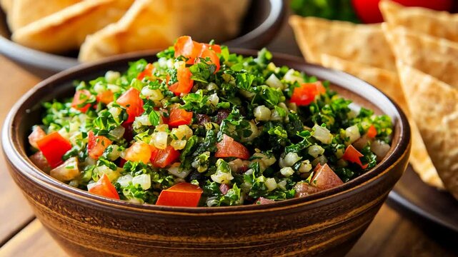 Fresh tabbouleh salad made with parsley, tomatoes, and bulgur served with pita chips and herbs