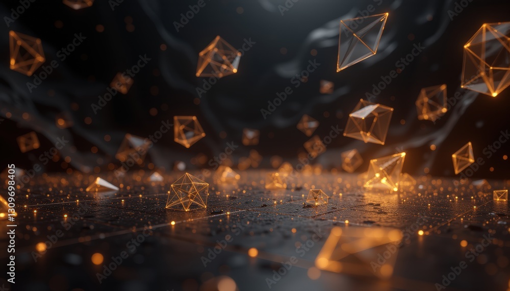 Poster abstract digital art of floating geometric shapes with glowing lines and particles