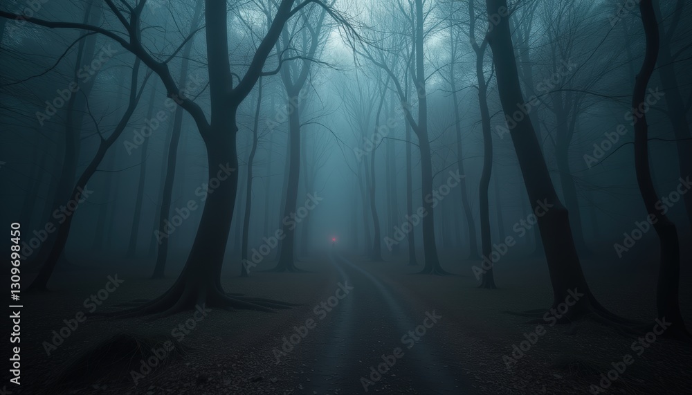 Poster mysterious foggy forest with bare trees and a dim red light in the distance