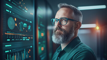 Optimizing data flow, IT specialist analyzes complex information in modern workspace. focus is on technology and data visualization, showcasing expertise and concentration