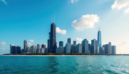 Fototapeta premium Chicago's iconic skyscrapers pierce a vibrant blue sky , view, city, urban