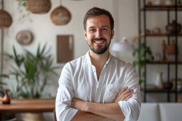 Obraz premium Portrait of a happy man in his 30s with arms crossed on modern minimalist interior
