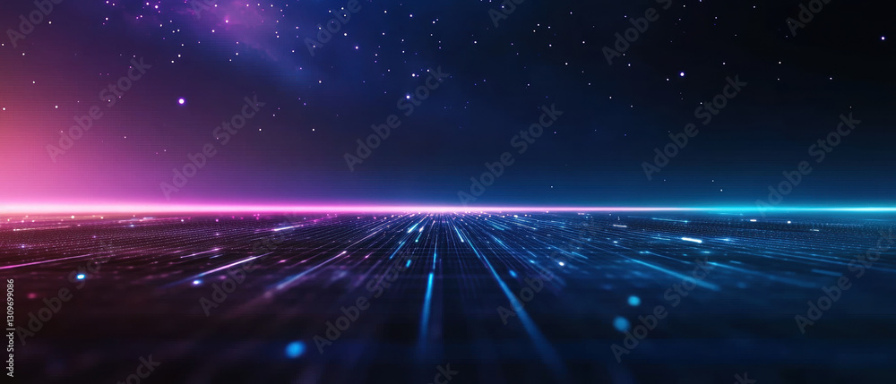 Poster expansive digital grid extending to horizon, illuminated by vibrant colors and stars, creating futur