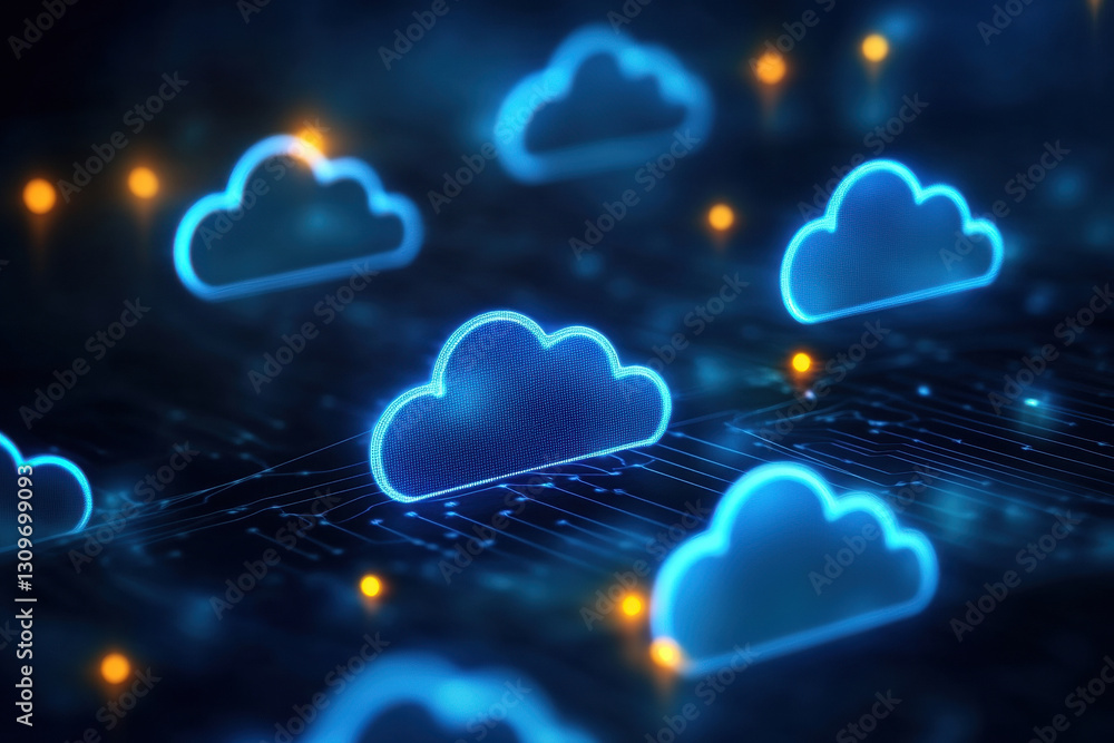Poster digital representation of interconnected clouds with glowing effects, symbolizing cloud computing an