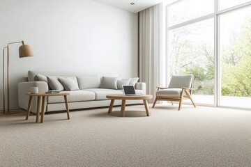 Fototapeta premium Modern minimalist living room with beige carpet, sofa, armchair, and coffee table. Spacious, bright, and inviting interior design. Natural light floods the room.