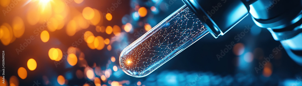 Poster futuristic laboratory scene featuring test tube with glowing particles and intricate patterns inside