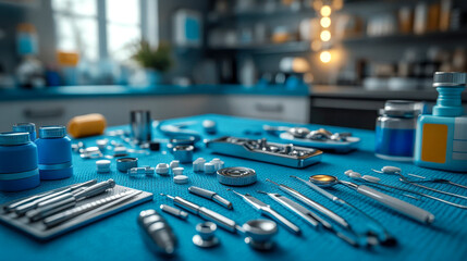 A collection of dental and surgical tools arranged neatly on a blue medical surface