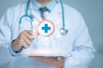 Health insurance, Healthcare technology and innovation concept. A doctor hold tablet and a...