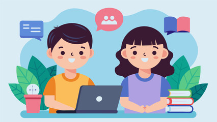 Fototapeta premium Two siblings start a blog where they document their journey in learning a new language sharing their progress and helpful resources for other young. Vector illustration