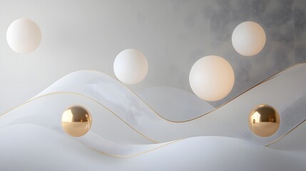 Ethereal Luxury:Floating Golden Spheres and Delicate White Curves in an Abstract Composition