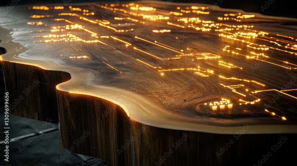 Poster wooden surfaces with embedded luminous circuits, natural textures contrasting with cybernetic precis