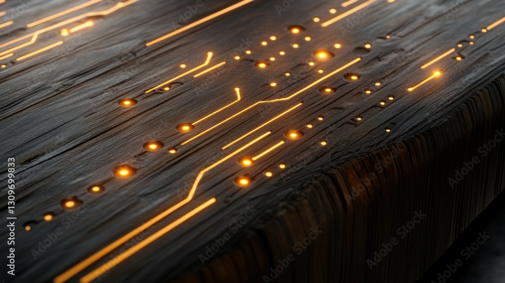 Poster wooden surfaces with embedded luminous circuits, natural textures contrasting with cybernetic precis