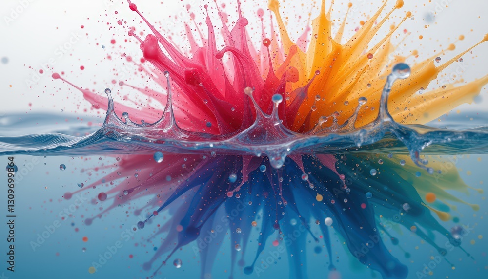 Poster dynamic splash of multicolored paint in water creating a vivid effect