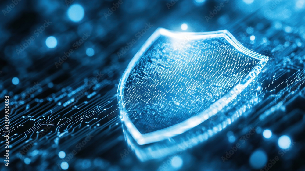 Poster digital shield with glowing blue design, representing cybersecurity and protection, set against back