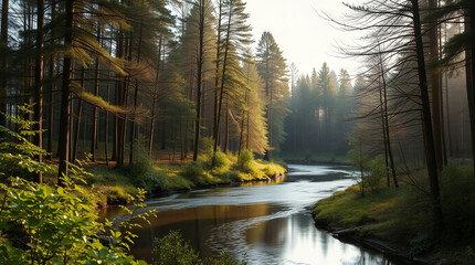 Obraz premium A calm river flowing through a forest, evoking peace and mental reset – Generative AI
