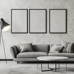 Modern living room with gray sofa, three frames, and marble coffee table.