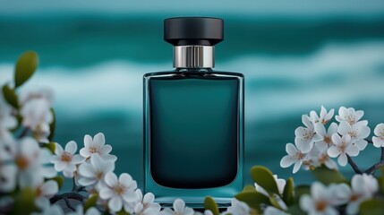 Elegant blue perfume bottle amidst white blossoms by a serene ocean background