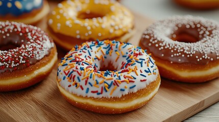 Colorful assorted donuts with sprinkles on wooden board