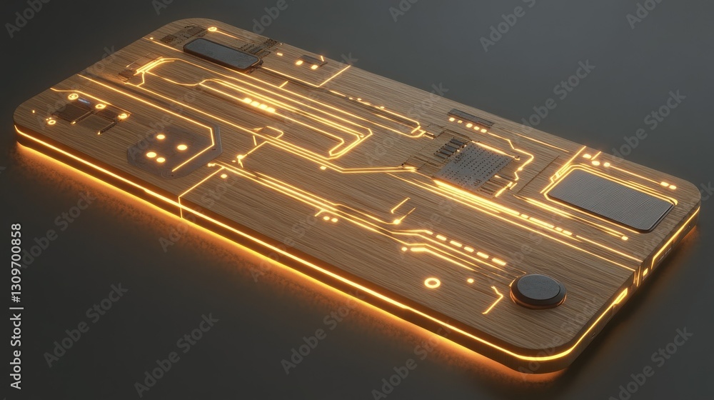 Poster a futuristic wooden motherboard with delicate luminous traces running across, with an empty area for