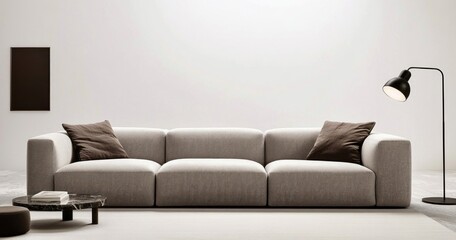 Modern minimalist living room with beige sectional sofa, brown accent pillows, and a black floor lamp.