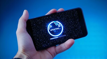 Smartphone Software Update: Hand Holding Mobile Phone with Updating Screen, Technology, Digital Device, Modern Tech, Blue Background