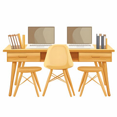 Wooden Desk Illustration with Laptops and Chairs