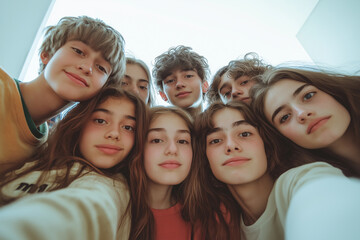 Obraz premium Group of Eight Teenagers Smiling Together in a Bright Indoor Setting