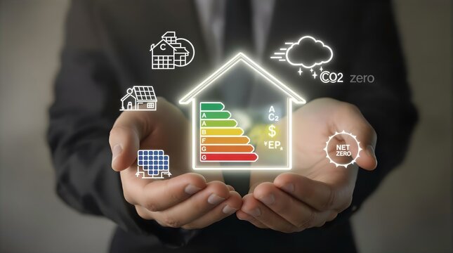 Energy Efficient Home Concept: Businessman Holding House with Energy Rating Scale & Sustainability Icons