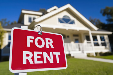 Fototapeta premium Bright red sign indicates the house is available for rent, set against a welcoming residential backdrop on a clear day