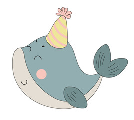 Happy Blue Whale with Party Hat