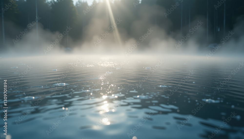 Poster sunlight reflecting on a mist-covered lake with trees in the background