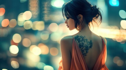 Elegant portrait of an Asian woman with detailed tattoos on her back visible background wallpaper AI generated image