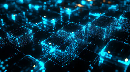Futuristic Digital Network with Glowing Blue Cubes and Interconnected Grid Pattern