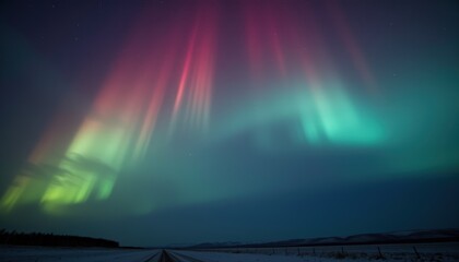 Naklejka premium Aurora borealis with vibrant green and pink hues in the night sky