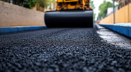 Large rollers are compacting fresh asphalt on a road, ensuring a smooth surface in an urban setting under clear skies