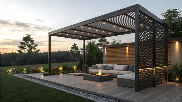 Sunset illuminates a stylish outdoor patio with a pergola, fire pit, sectional sofa, and decorative screen. Landscaping complements the modern design.