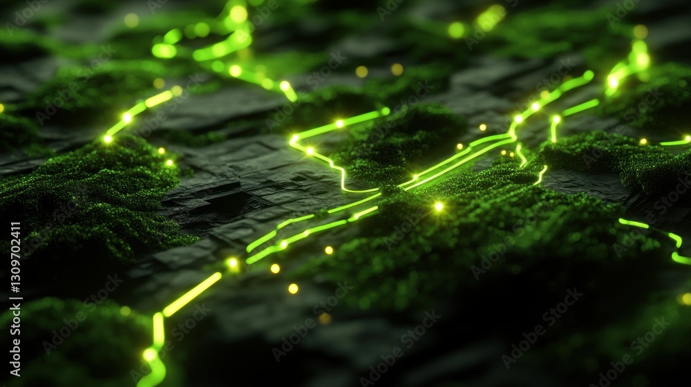 Poster mossy surface with intricate neon circuit patterns running through it background wallpaper ai genera