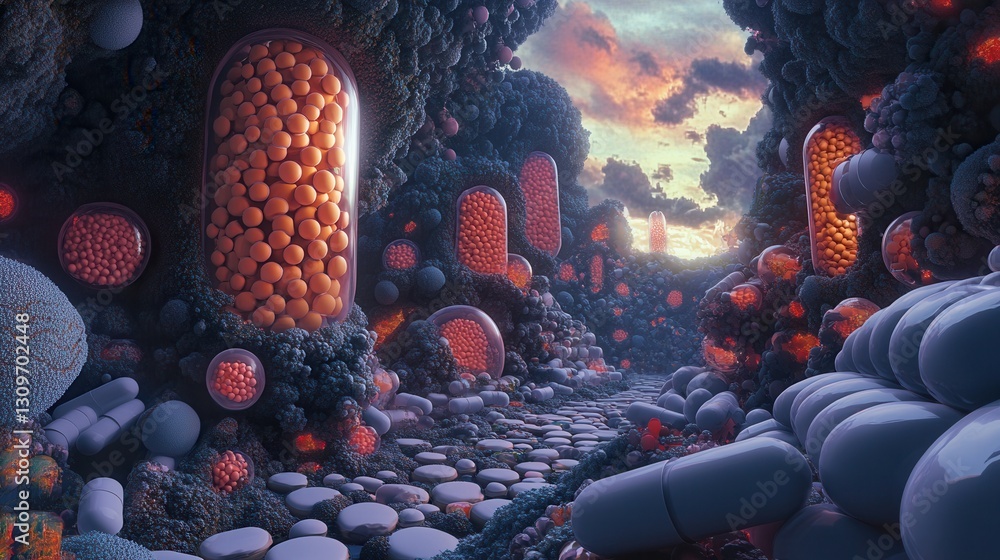 Aufkleber surreal landscape made of pill structures under dreamlike lighting with high detail and fantasy real