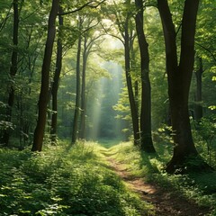 Fototapeta premium Sunlight filtering through dense foliage creating light patches on the ground. Generated AI