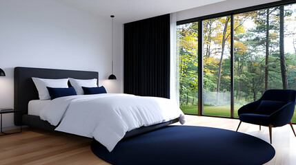 Sleek Contemporary Bedroom with Floor to Ceiling Windows and Blue Accents