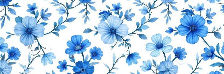 Elegant blue floral seamless pattern on white , subtle, summer, art