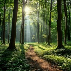 Obraz premium Sunlight filtering through dense foliage creating light patches on the ground. Generated AI