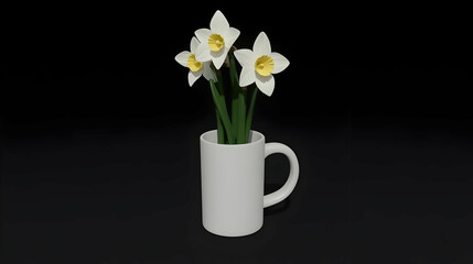 3D Render White Daffodils in Mug