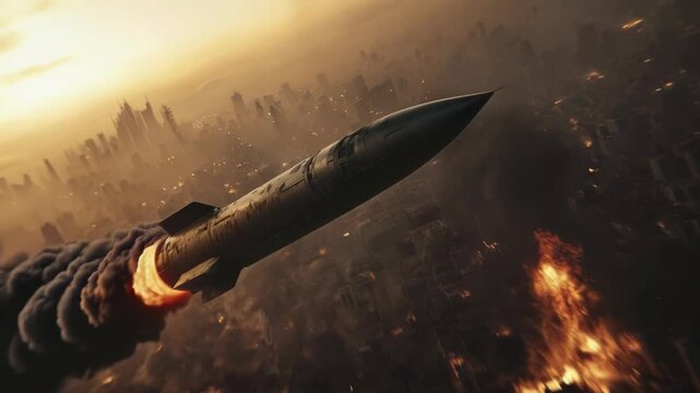 A massive missile soars through the sky over a burning, devastated city, leaving a fiery trail behind. Concept of war, destruction, apocalypse, military power. 