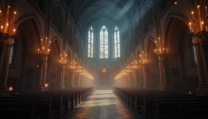 Obraz premium Gothic cathedral interior with lit candles and stained glass windows